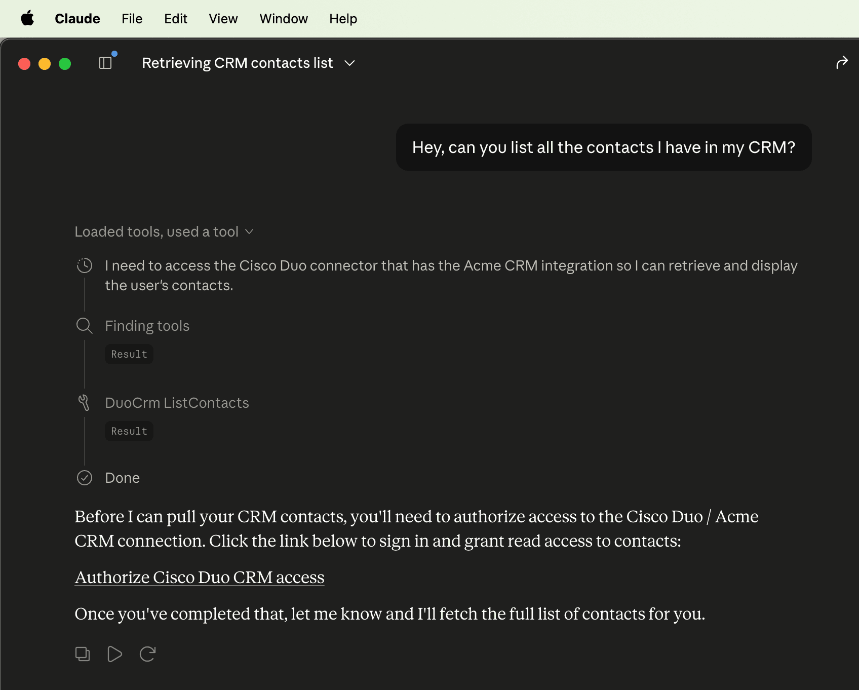 An agent calling a Duo-protected CRM tool and prompting the user to authorize Cisco Duo