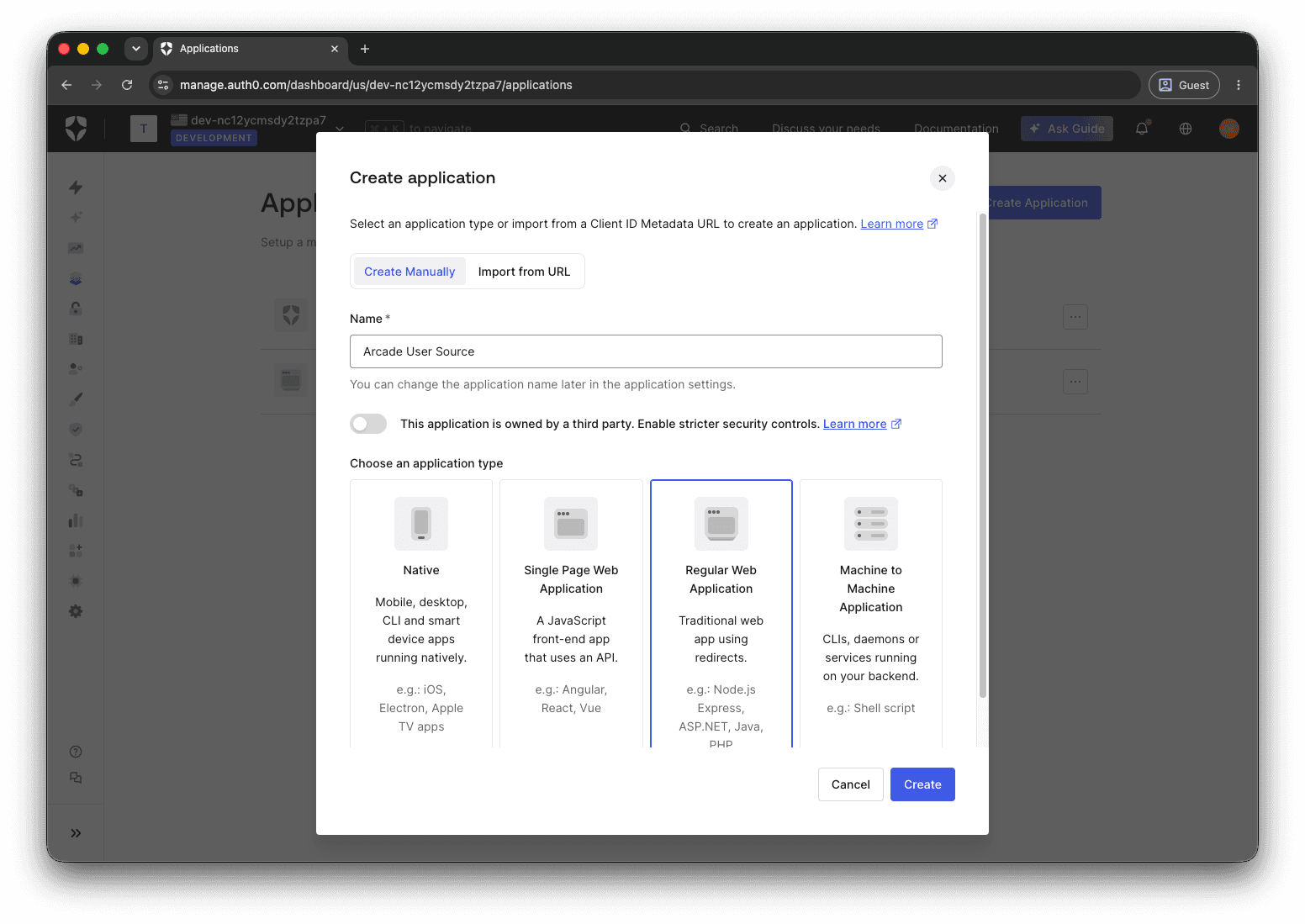 Create application dialog in the Auth0 dashboard with Regular Web Application selected