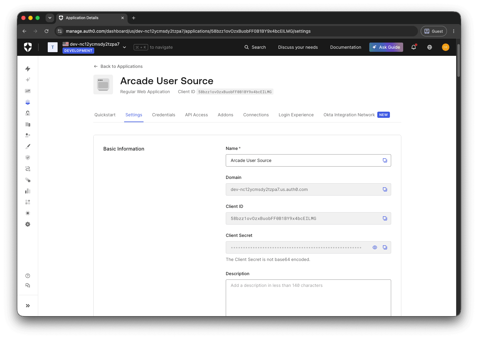 Basic Information section of the Auth0 application Settings tab showing Domain, Client ID, and Client Secret fields