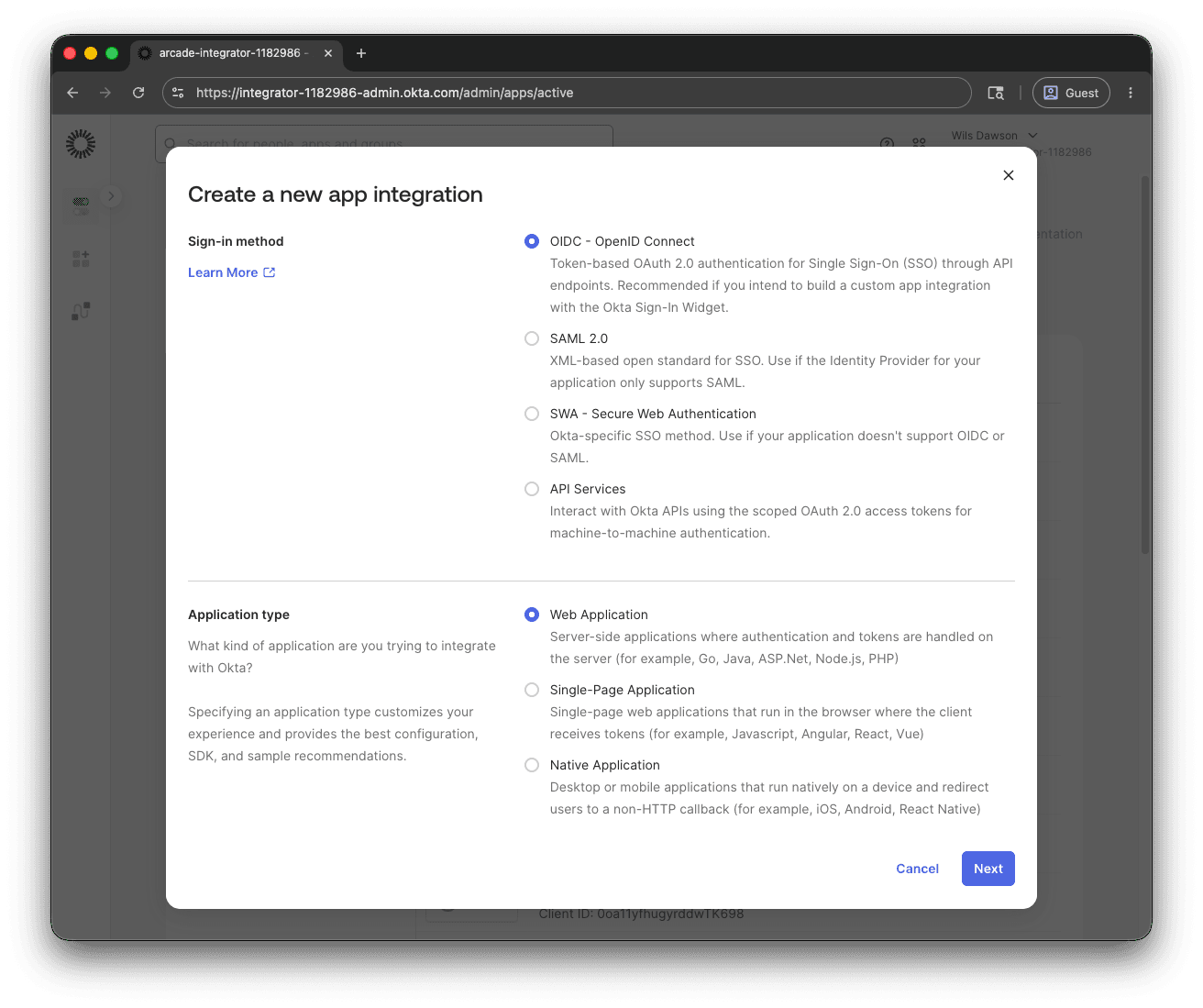 Create a new app integration dialog with OIDC and Web Application selected